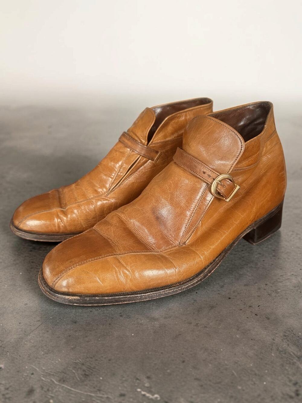 Vintage Florsheim Imperial 10 Brown Leather Monk Strap Ankle Boots 60s 70s